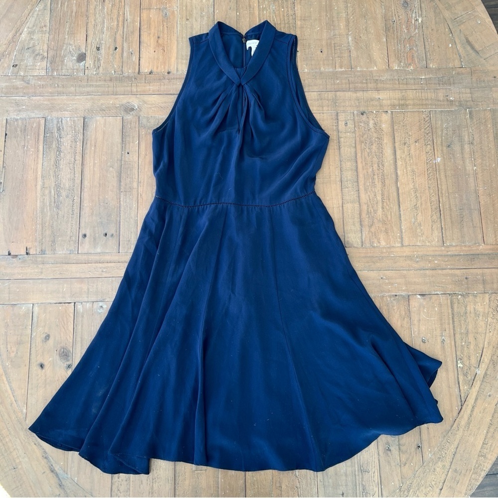 Rebecca Taylor Silk Twist Open Front Fit And Flare Dress Women’s 4 Navy Preppy - Picture 2 of 12